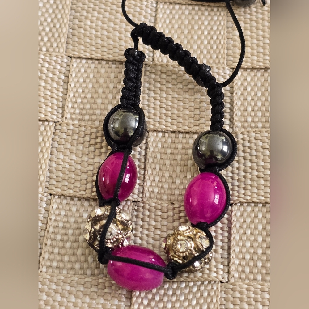 Vintage Macrame and Stone Bracelet Black Cord Pink and Silver Beads